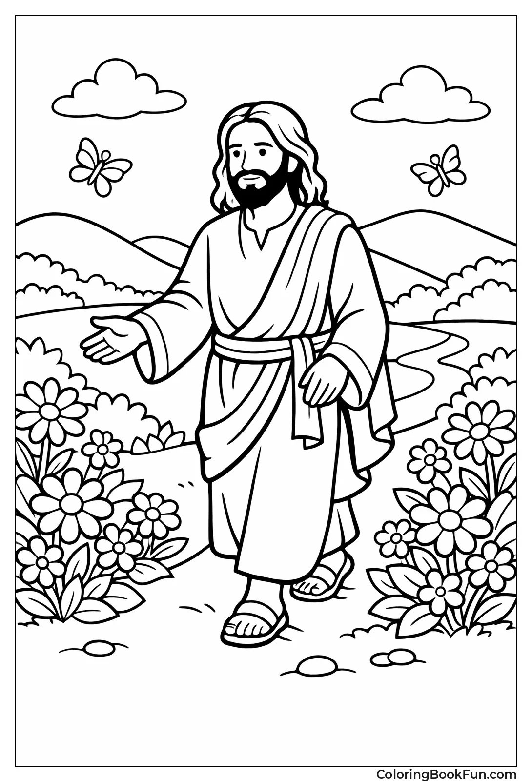 Jesus Strolls in Flower Garden