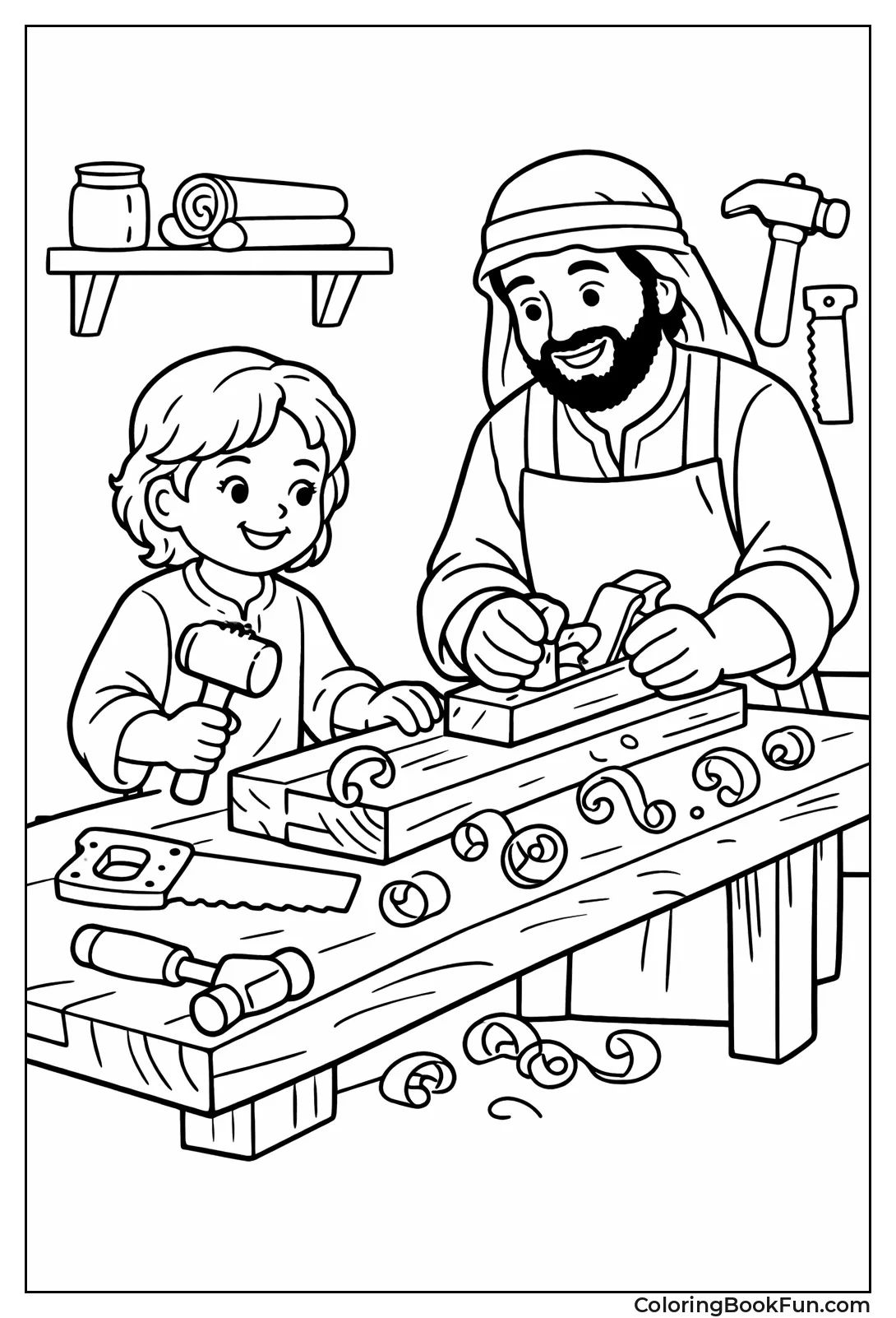 Young Jesus Helps Carpenter Dad