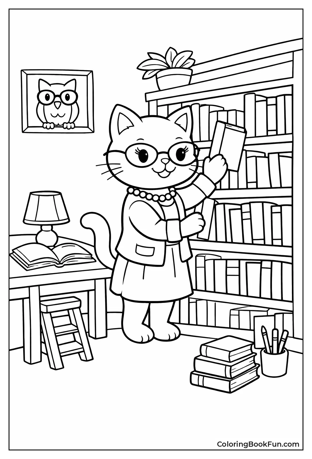 Cat Librarian Shelving Books