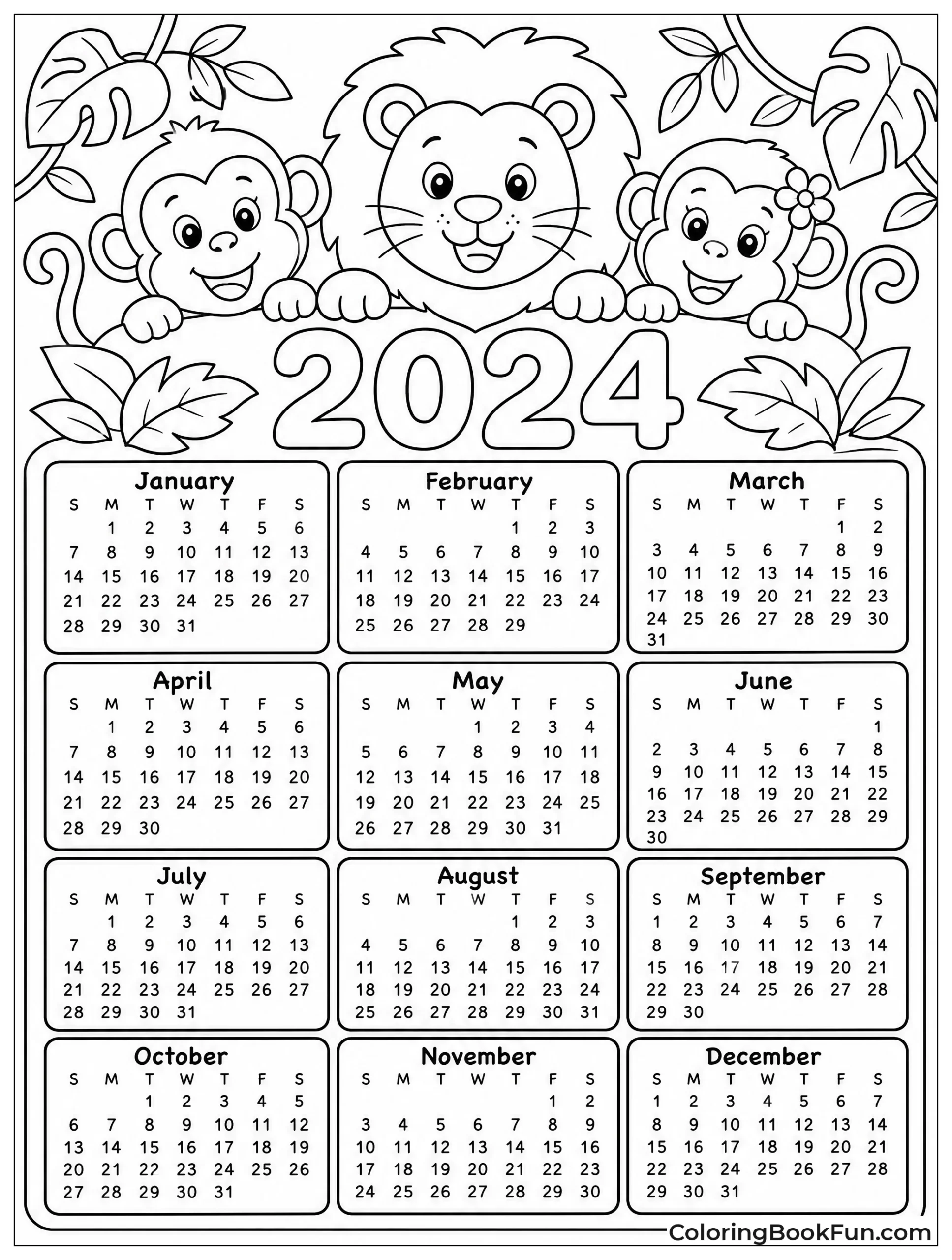 Jungle Animals Peek over Calendar