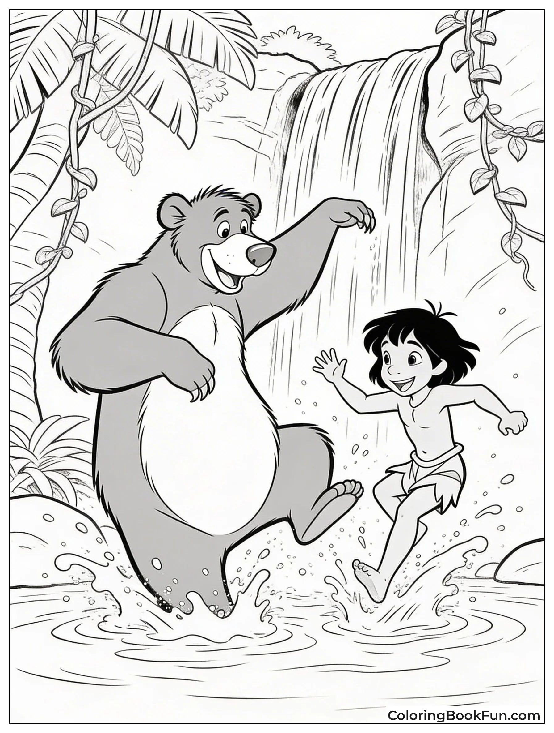 Baloo and Mowgli Splash in Waterfall