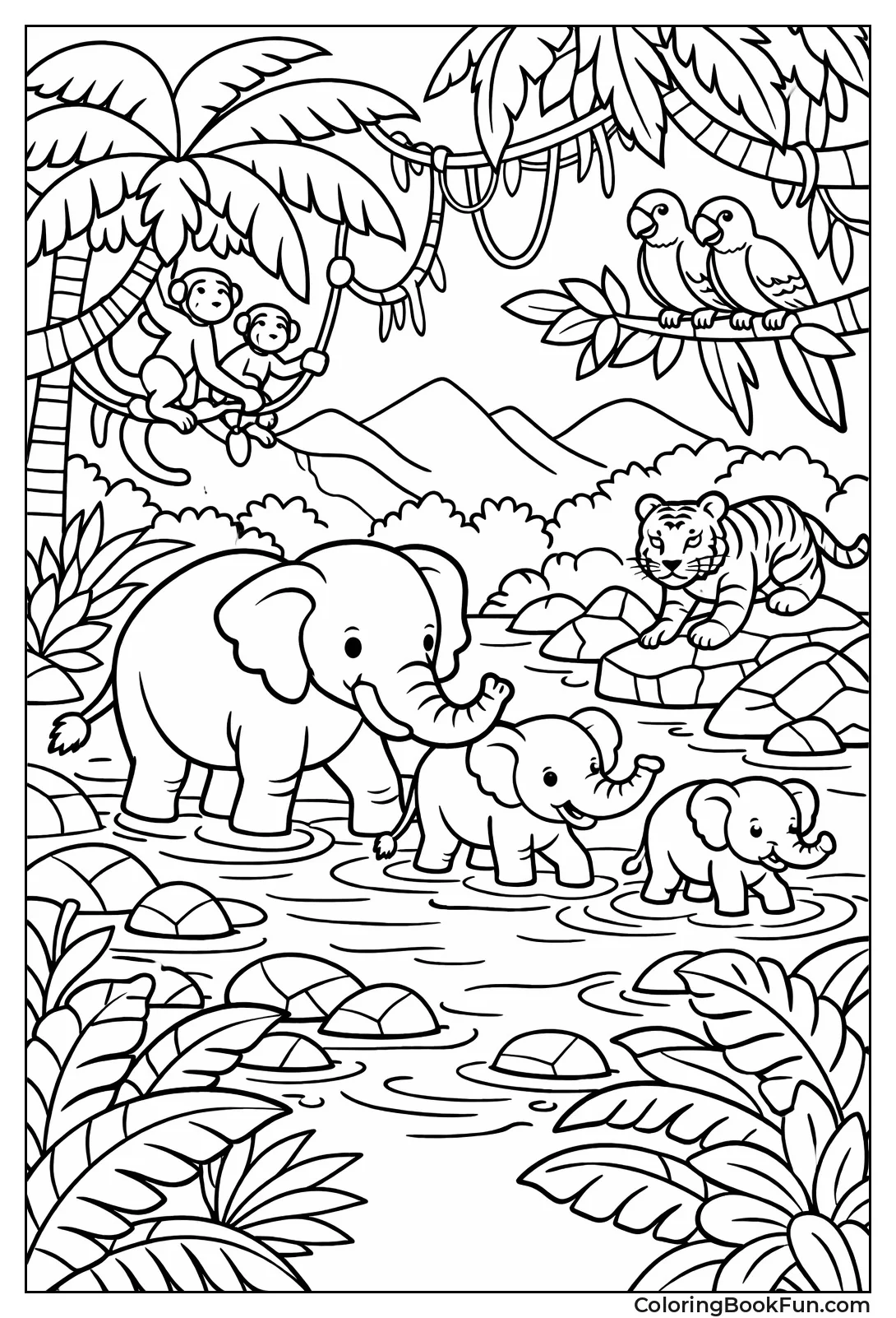 Elephants Wade across River