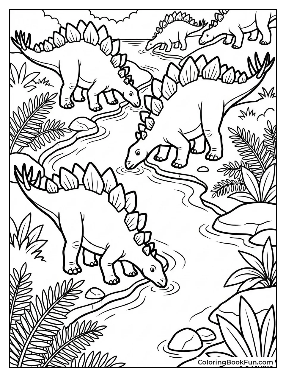 Stegosaurus Herd Drinks at River
