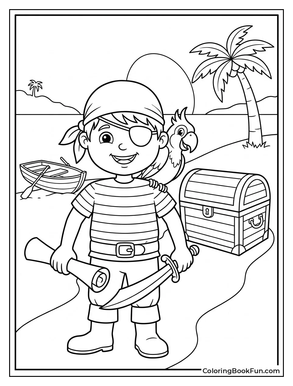 Kid Pirate Hunts Treasure with Parrot