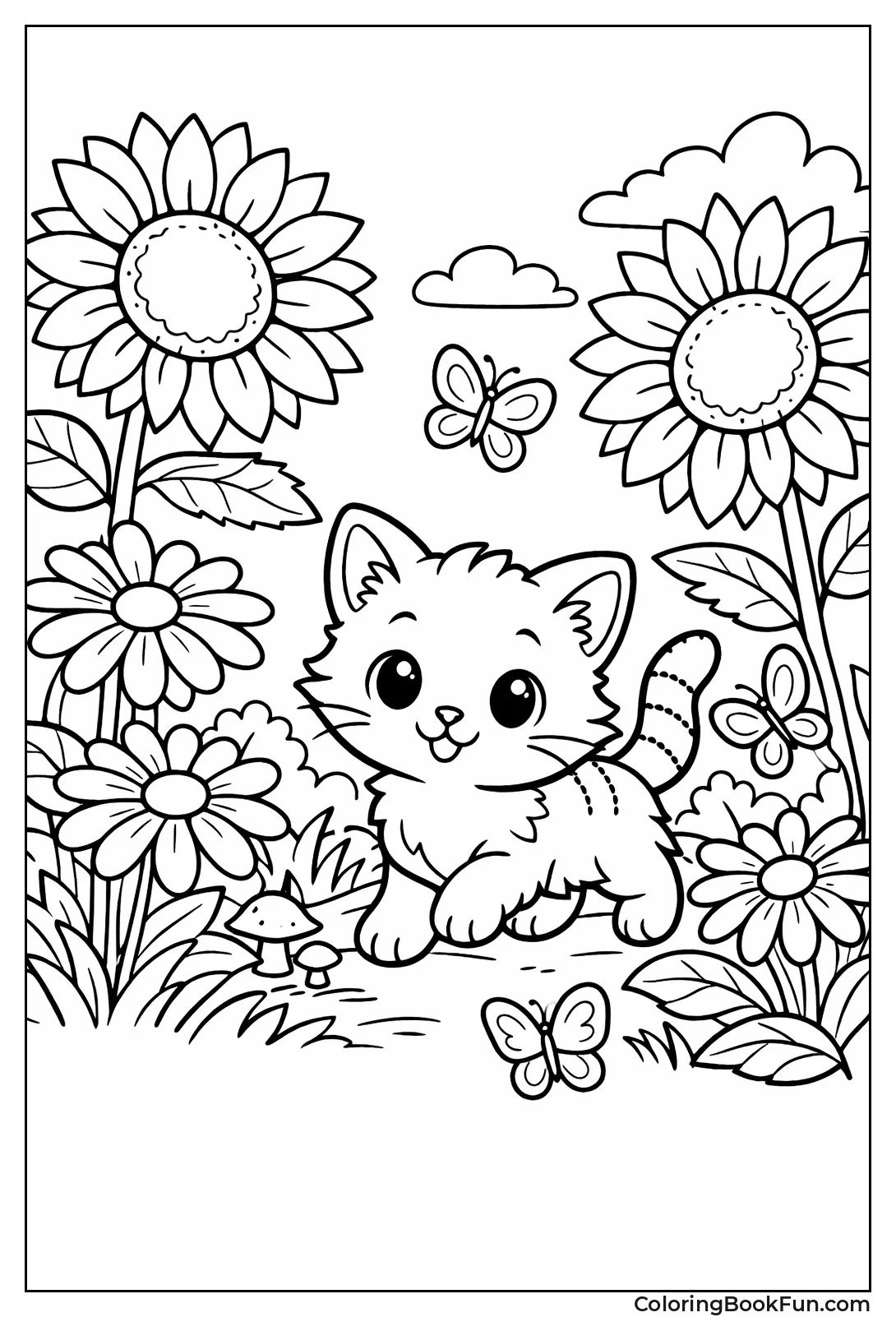 Kitten Exploring Garden Flowers