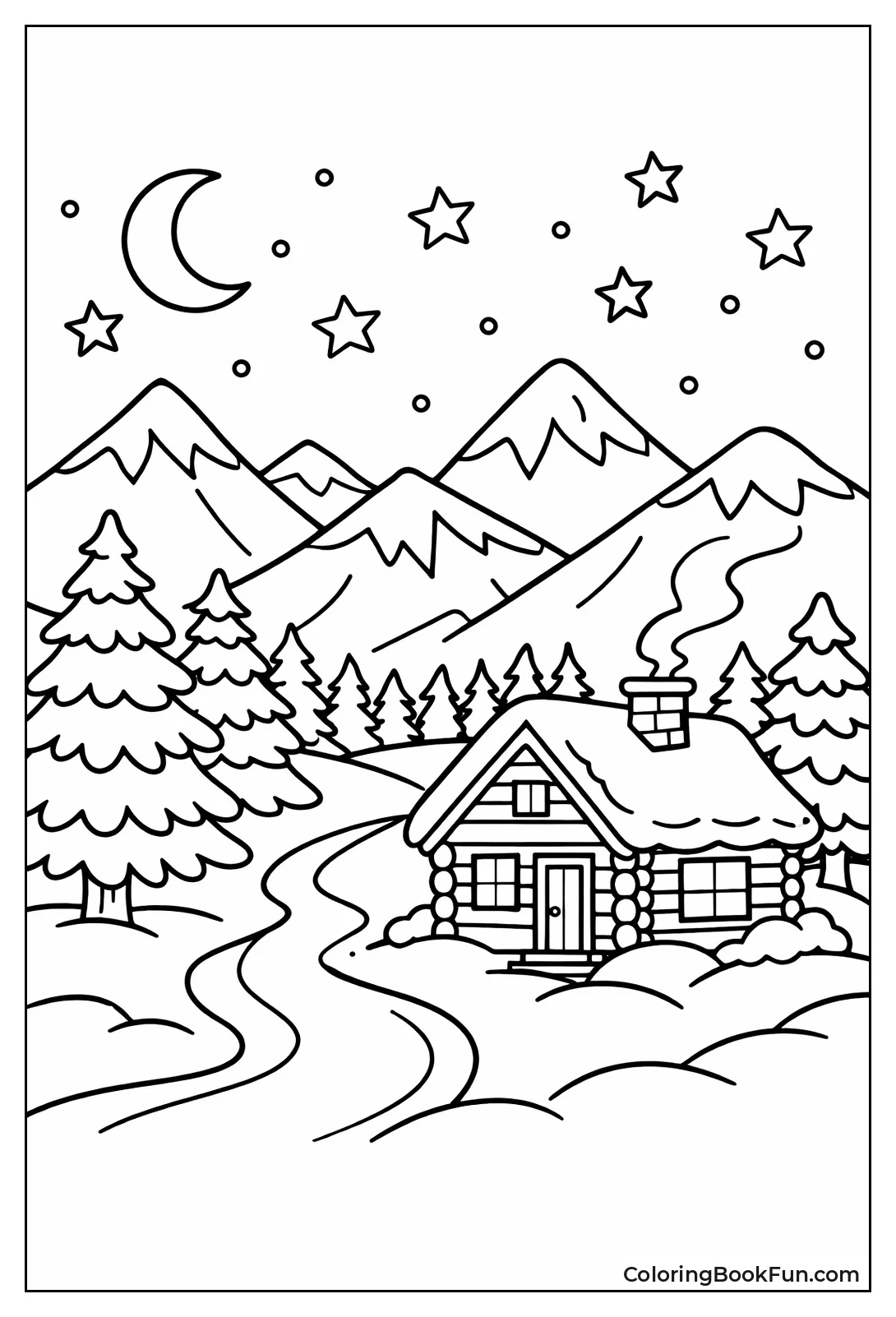 Cabin Glows under Snowy Peaks