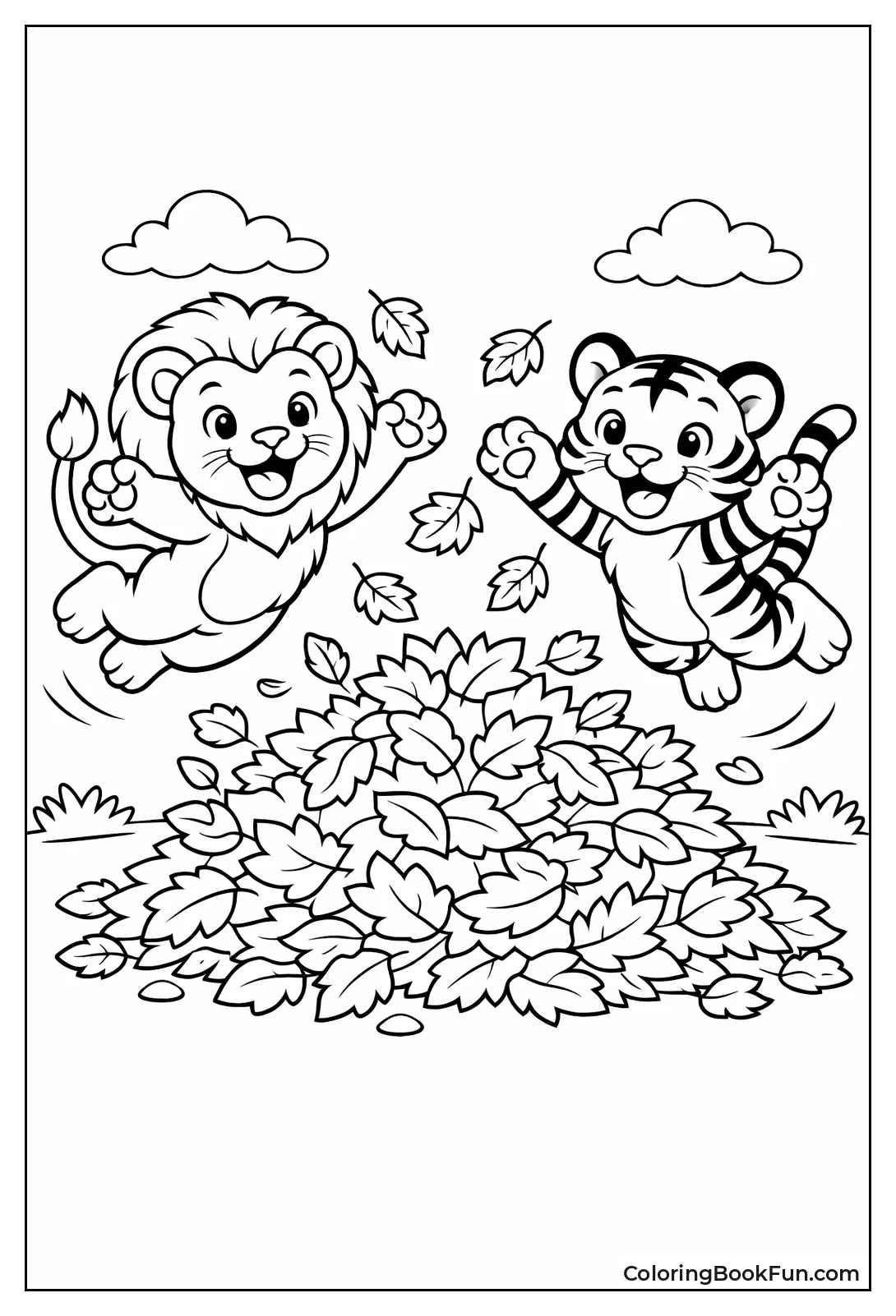 Lion Tiger Jump Leaf Pile