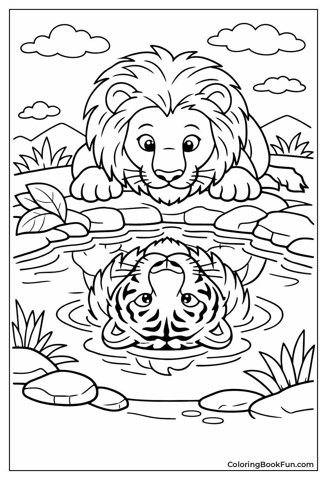 Lion Sees Tiger Reflection