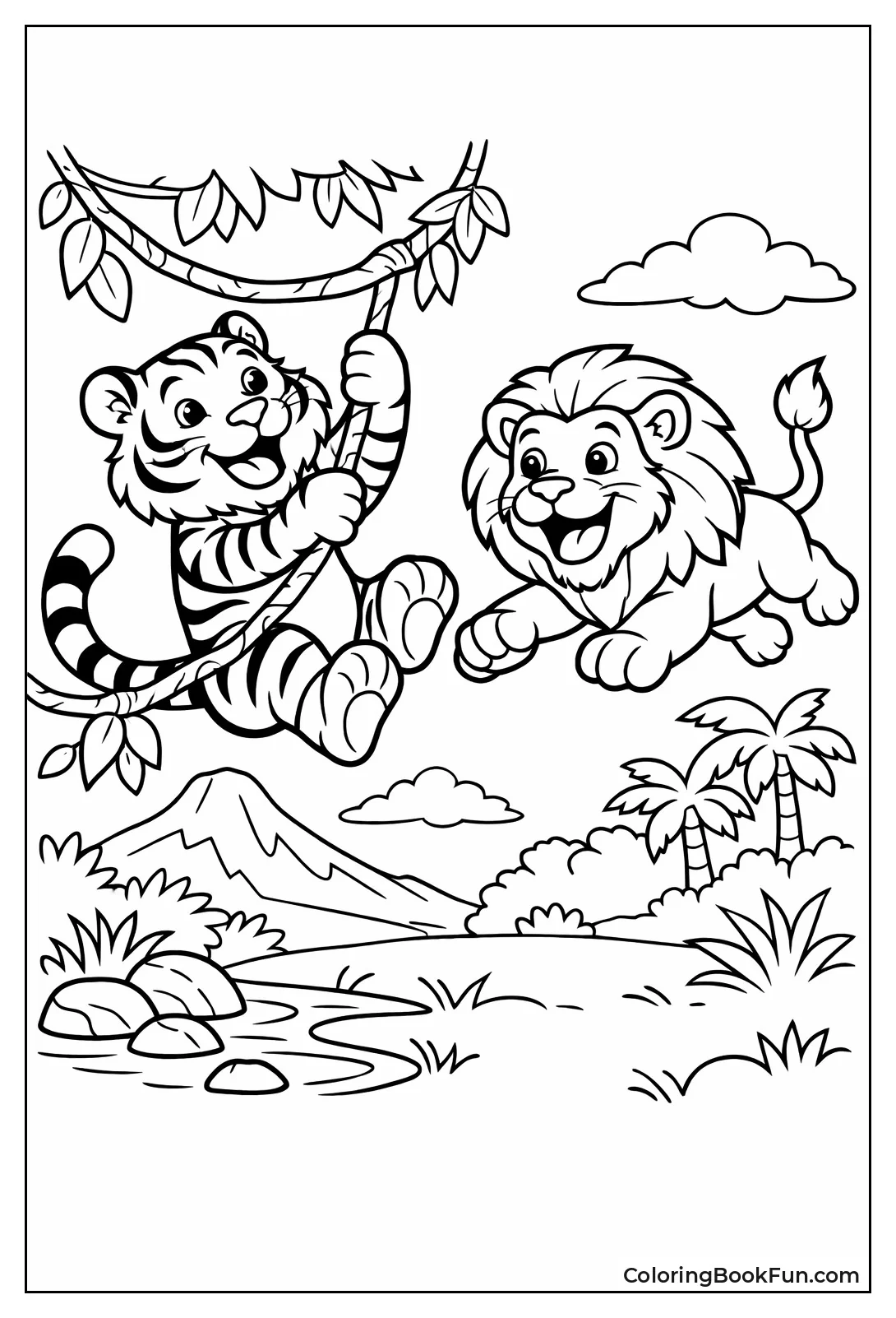 Tiger Swings Vine Lion Jumps