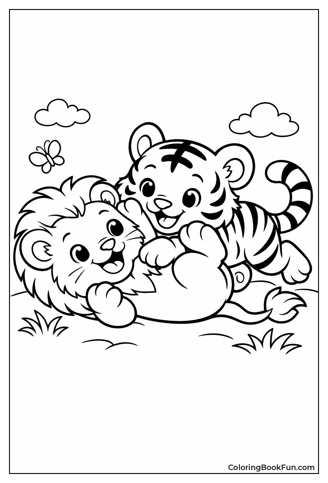 Playful Lion Tiger Cubs Wrestling