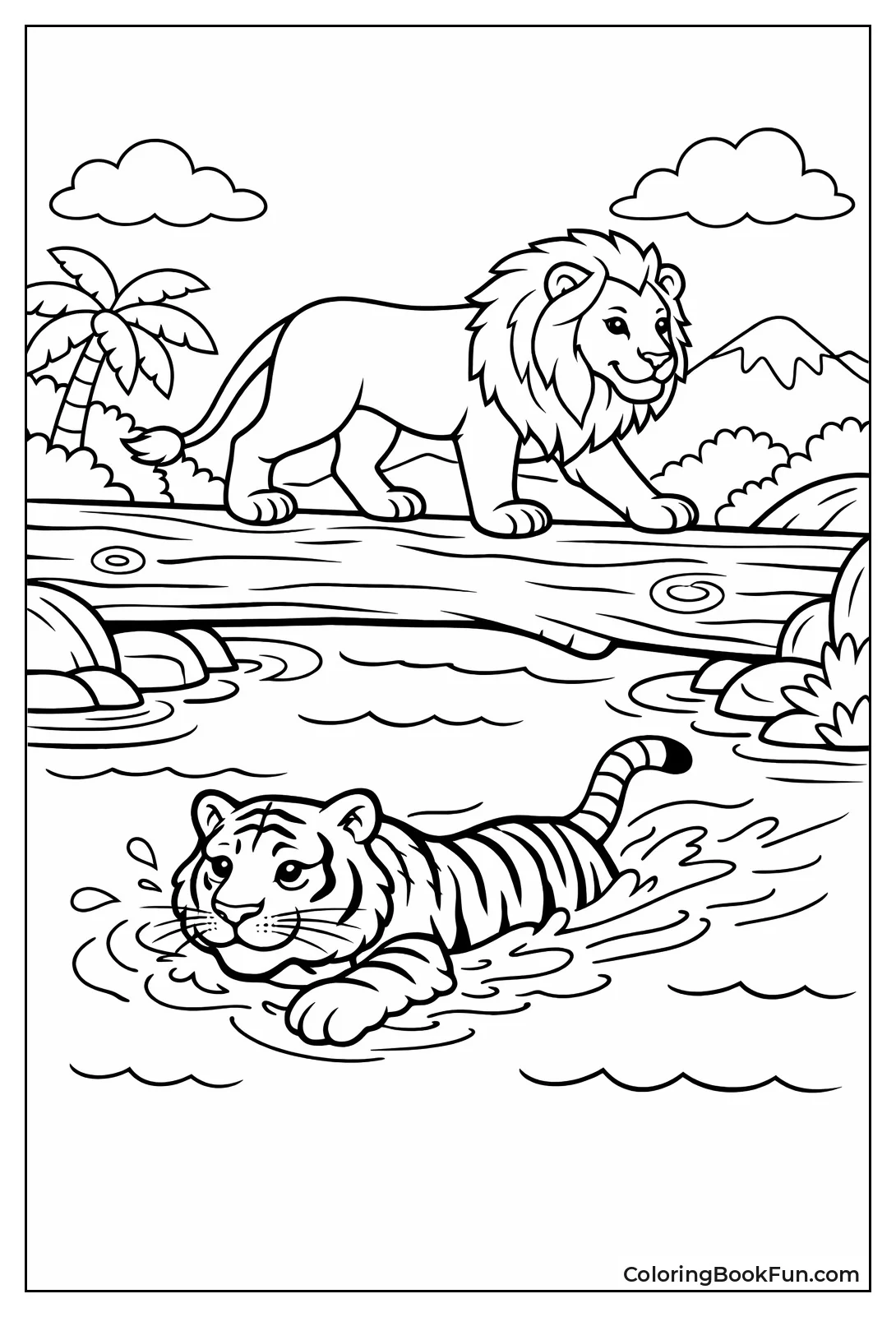 Tiger Swims Lion Log Bridge