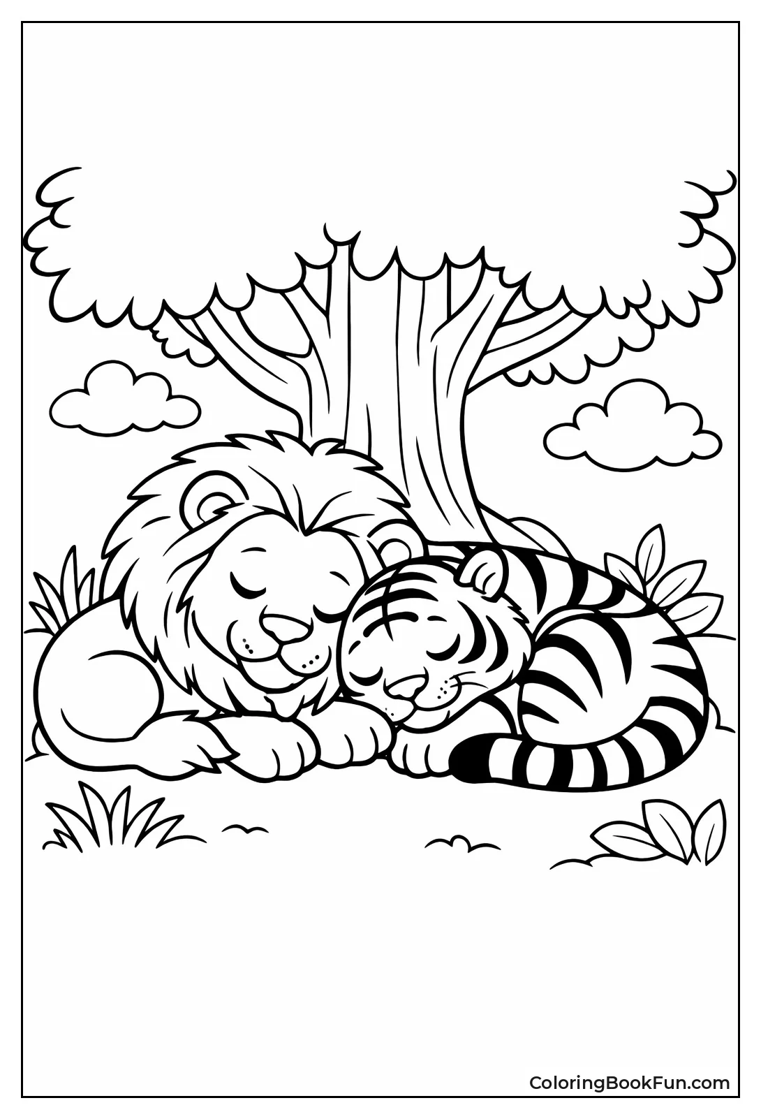 Sleeping Lion Tiger under Tree
