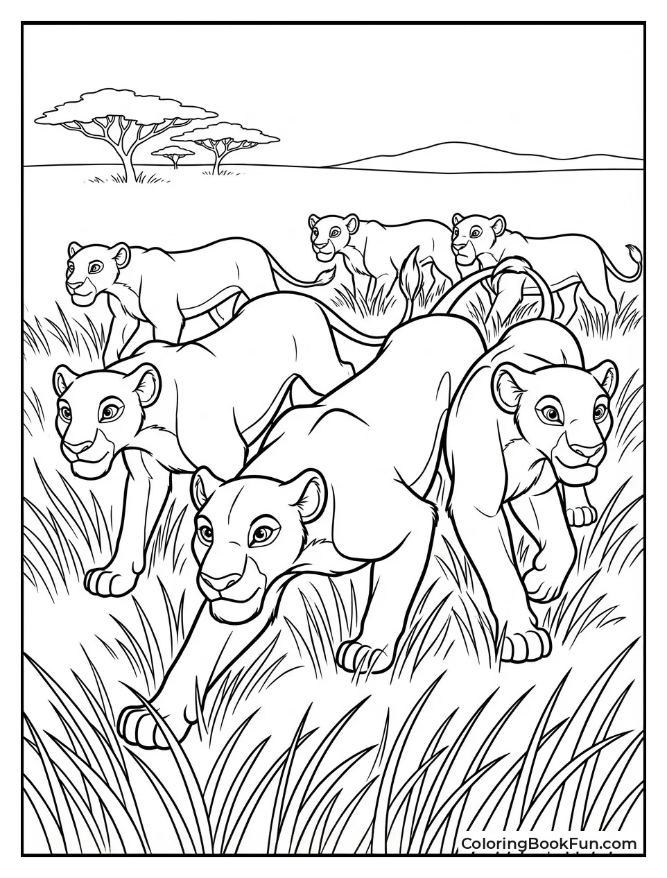 Lionesses Stalk through Grass