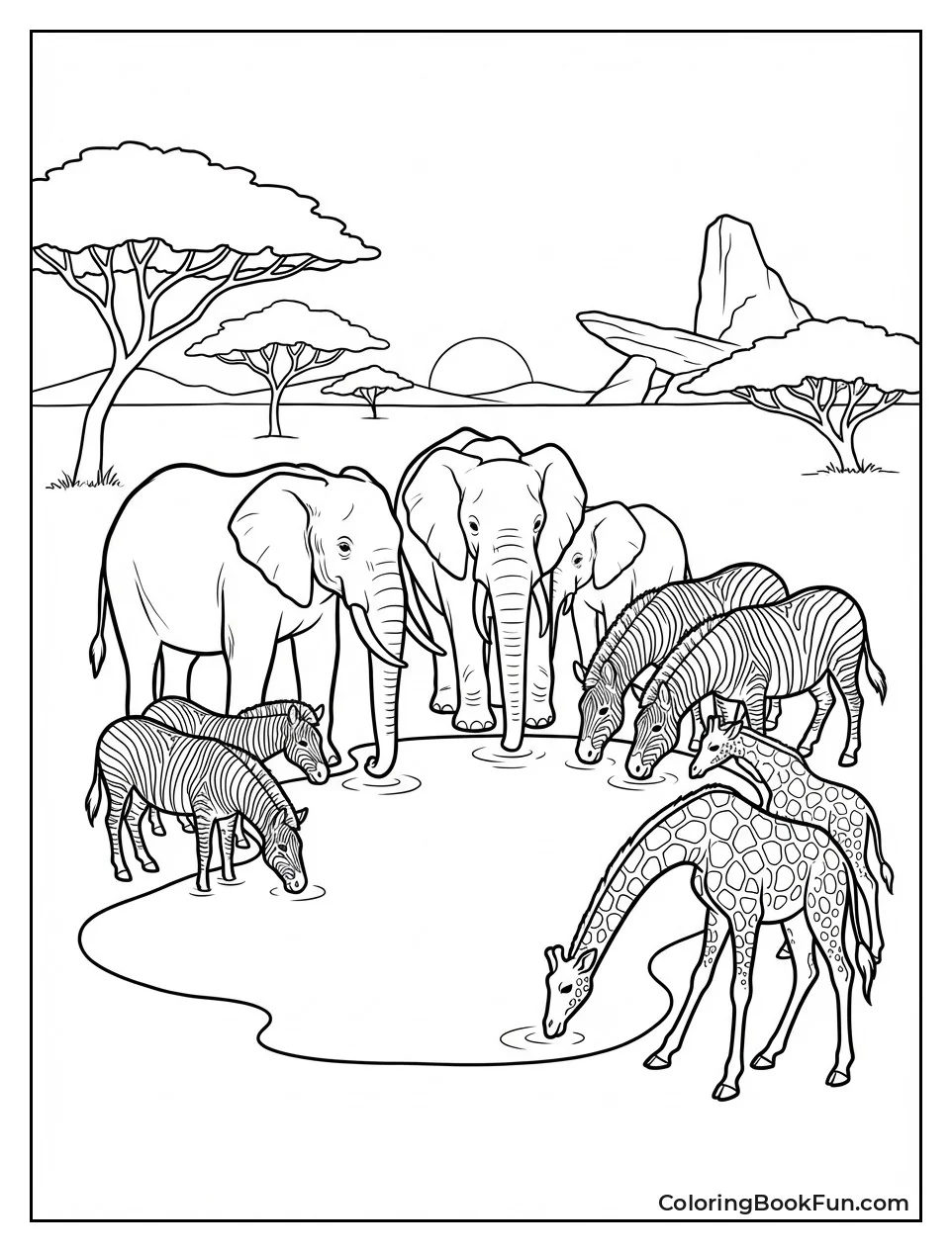 Animals Gather at Watering Hole