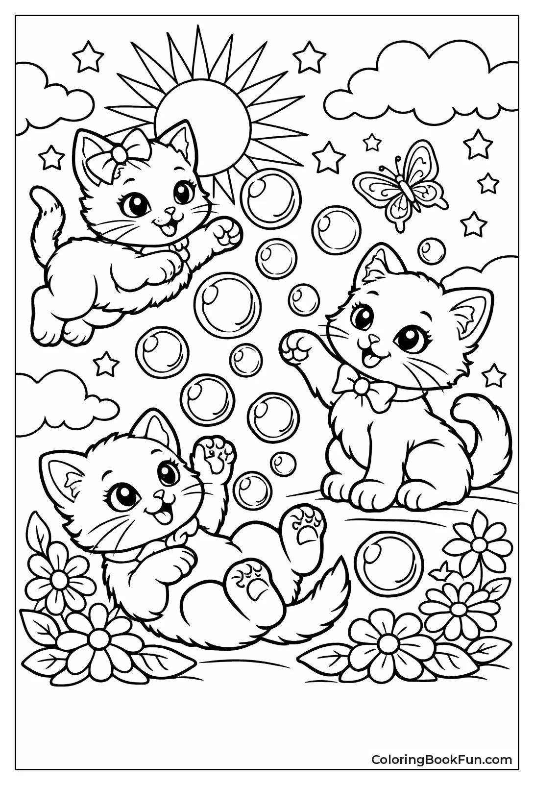 Kittens Chase Flower Bubbles