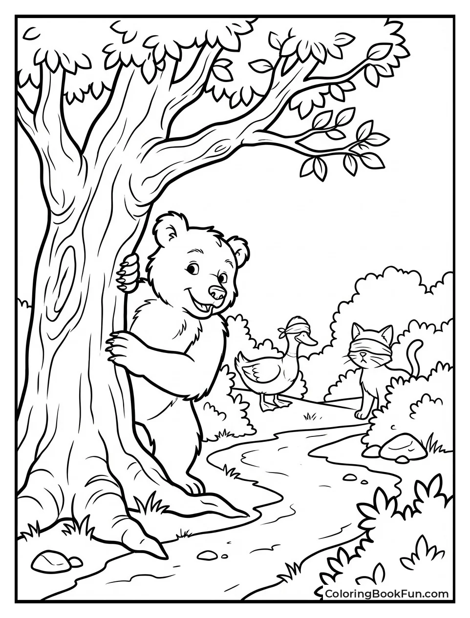 Little Bear Hides behind Tree