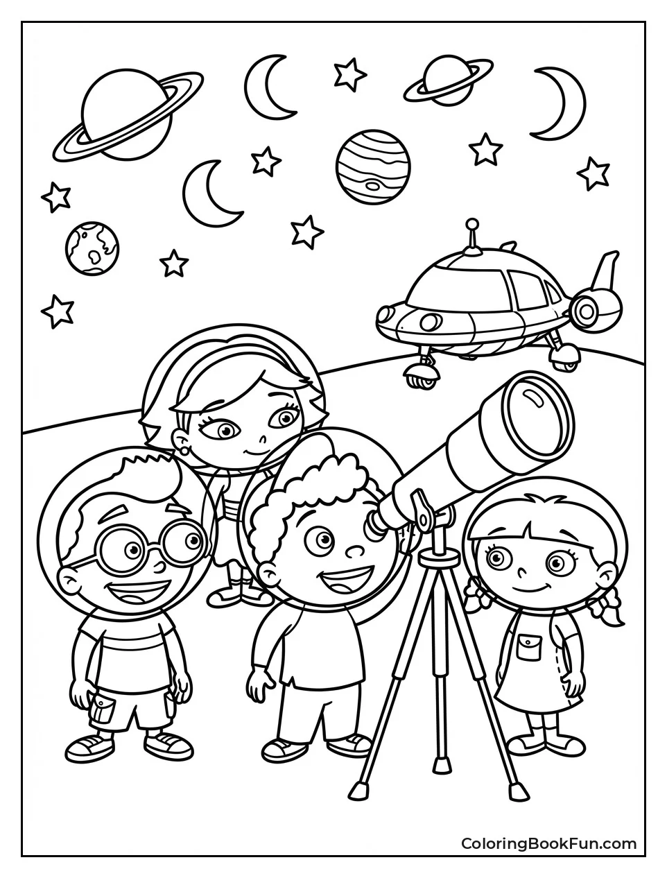 Quincy Peers through Telescope