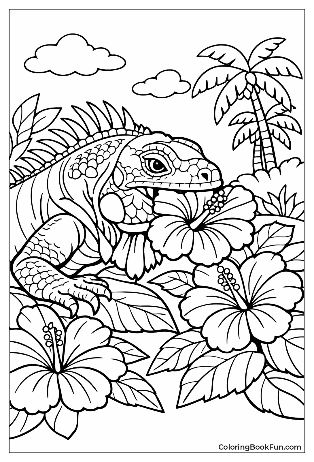 Iguana Eats Hibiscus Flowers