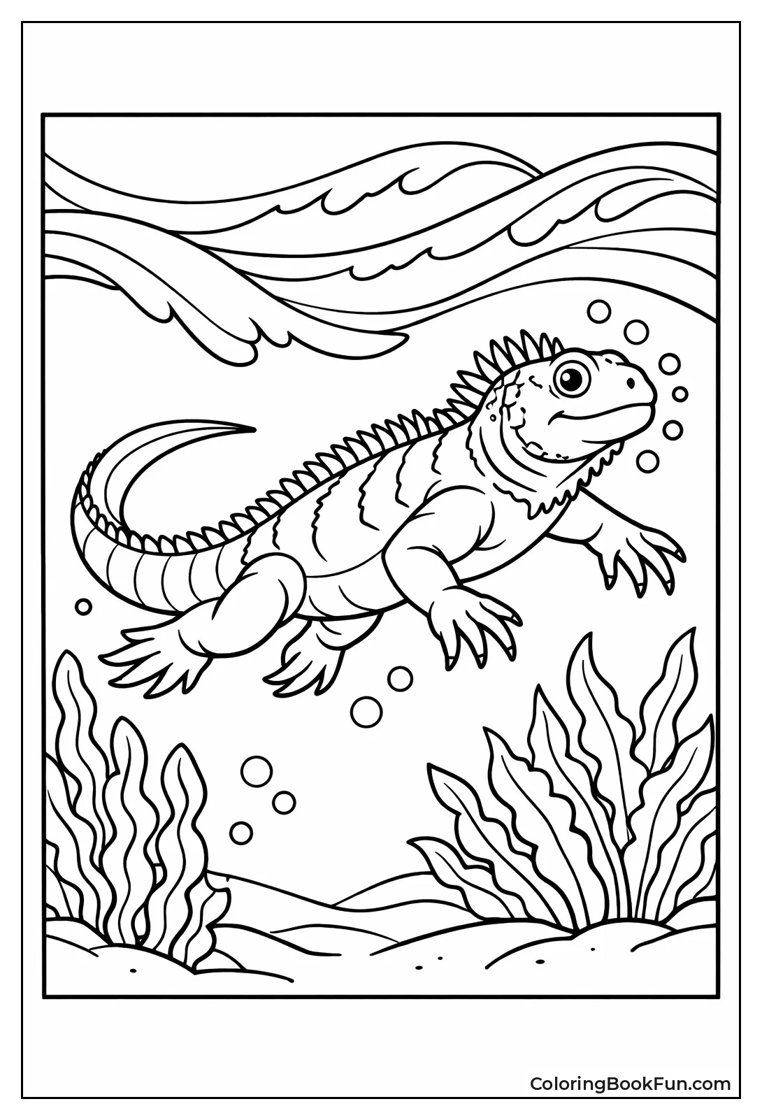 Marine Iguana Swims in Waves