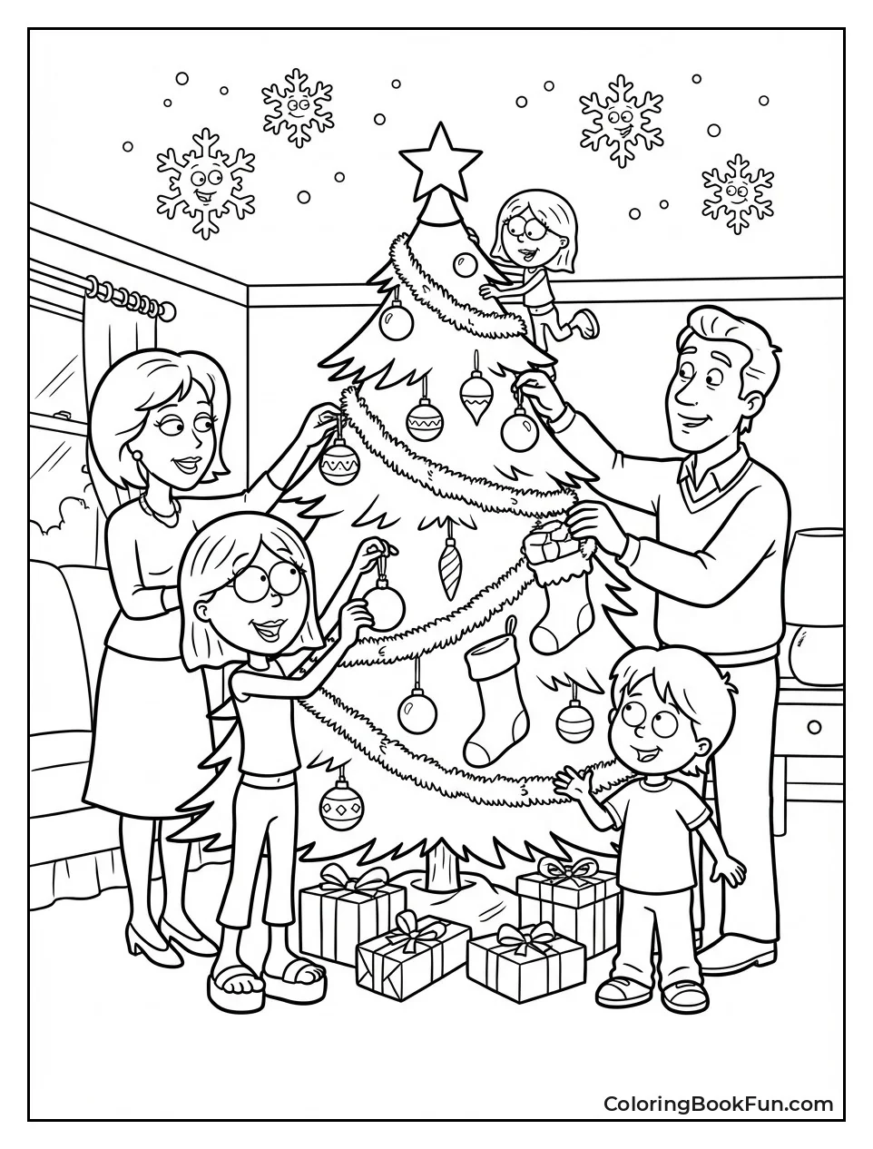 Family Trims Christmas Tree