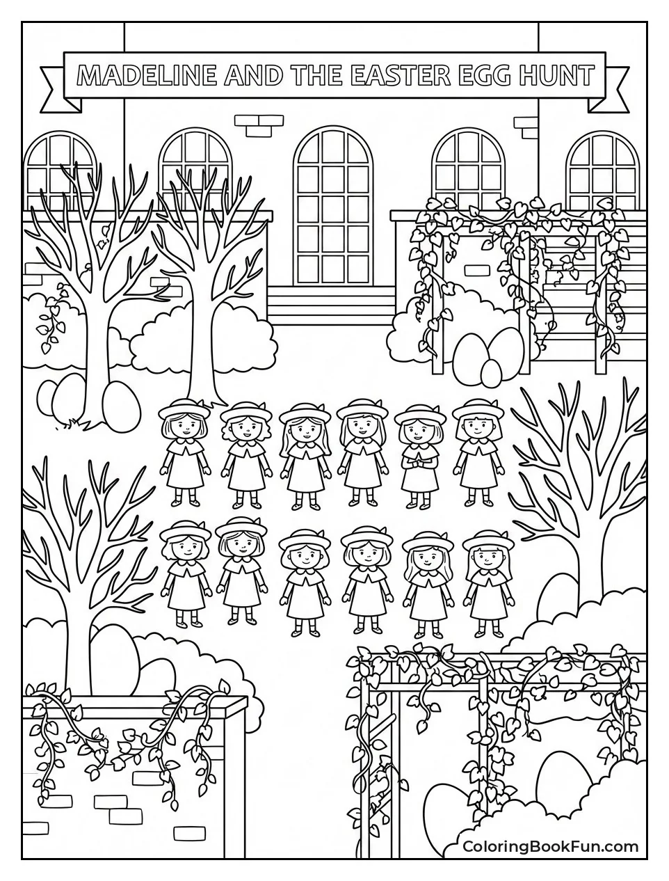 Girls Hunt Easter Eggs Garden