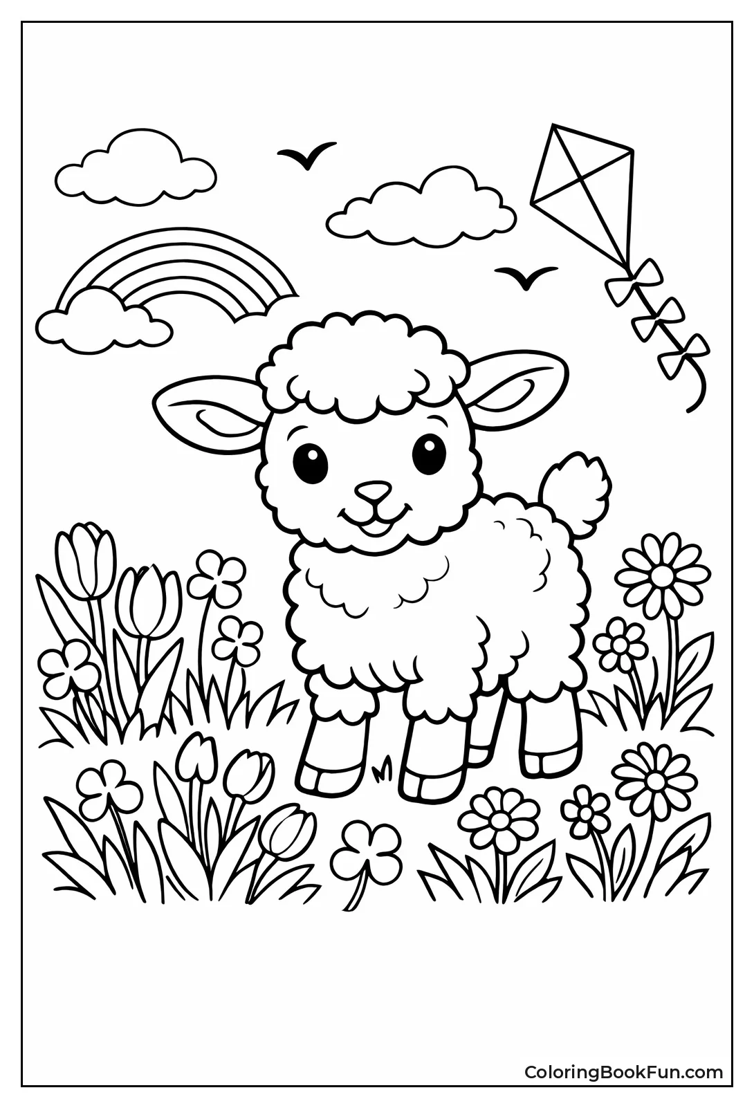 Lamb Grazes Spring Flowers