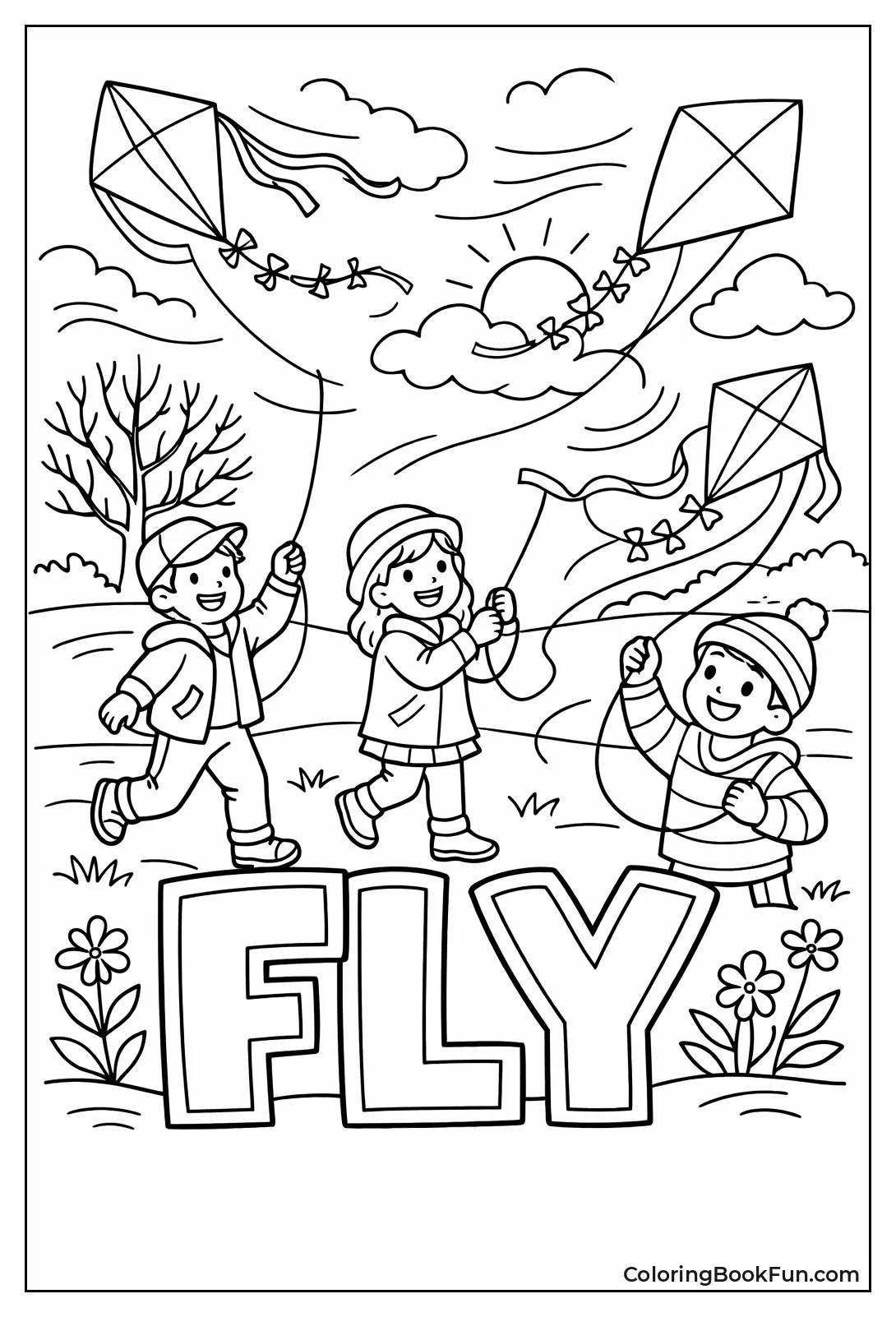 Kids Fly Kites in Wind