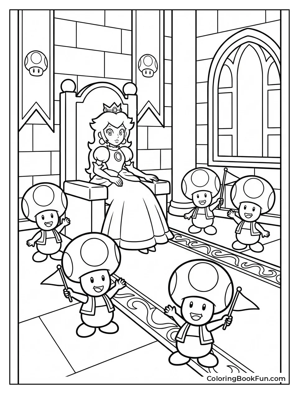 Princess Peach Sits with Toads