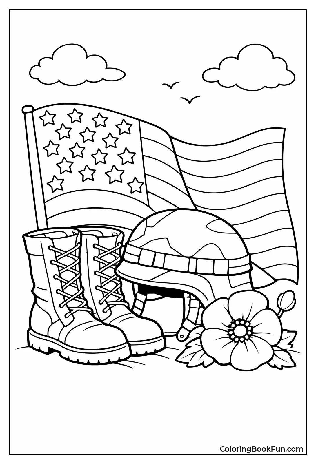 Helmet Boots and Draped Flag