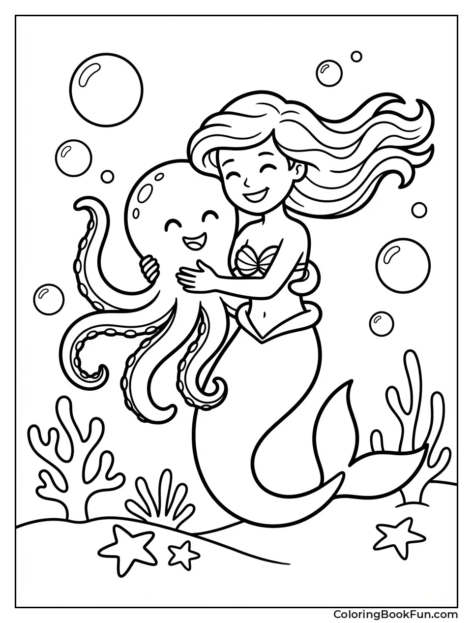 Mermaid Hugging Octopus Friend
