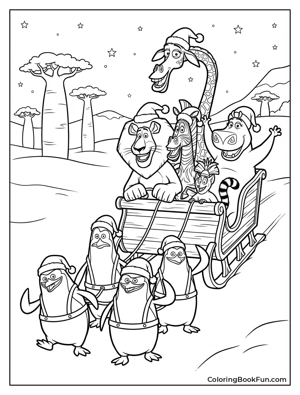 Penguins Pull Christmas Sleigh