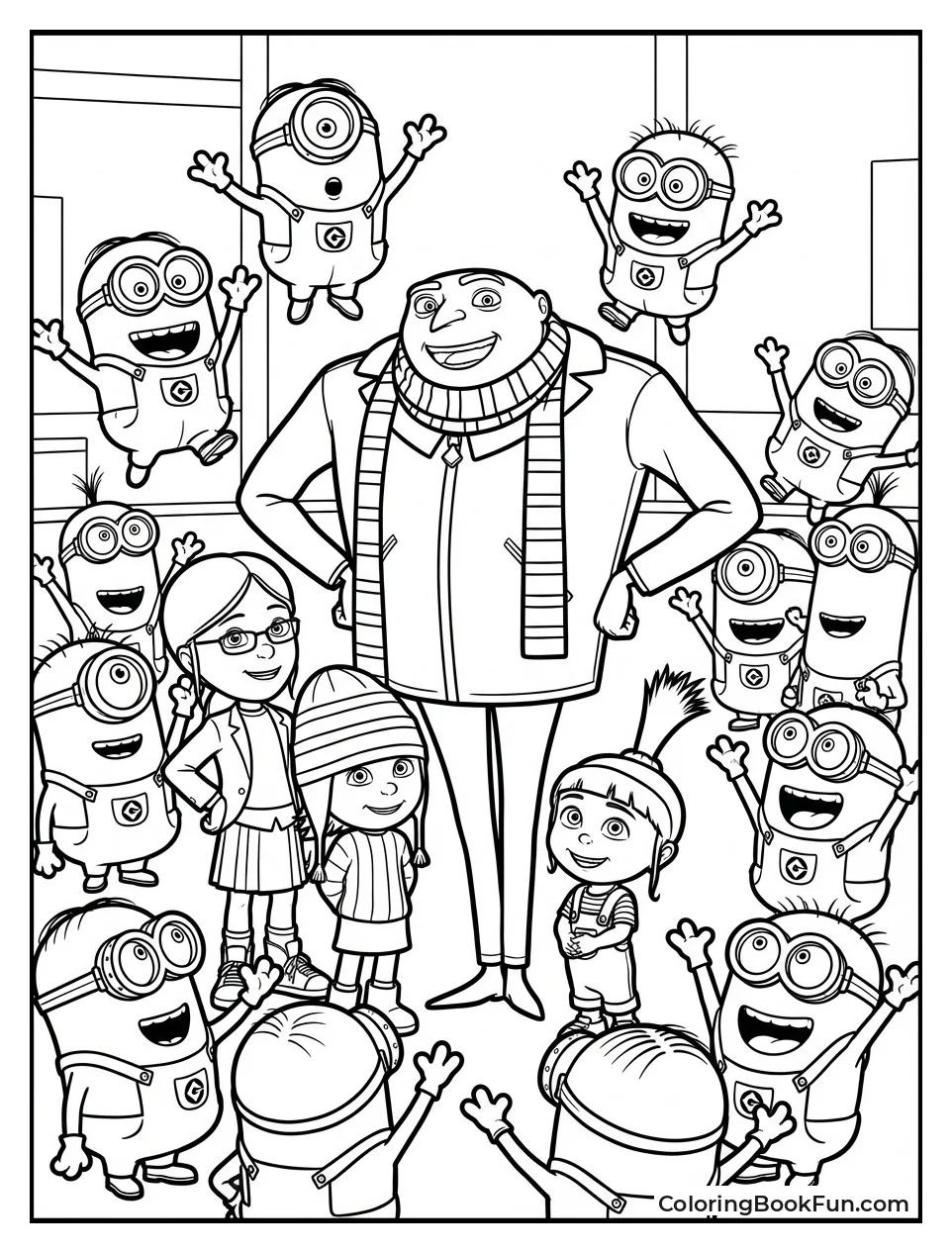 Gru Poses with Girls and Minions