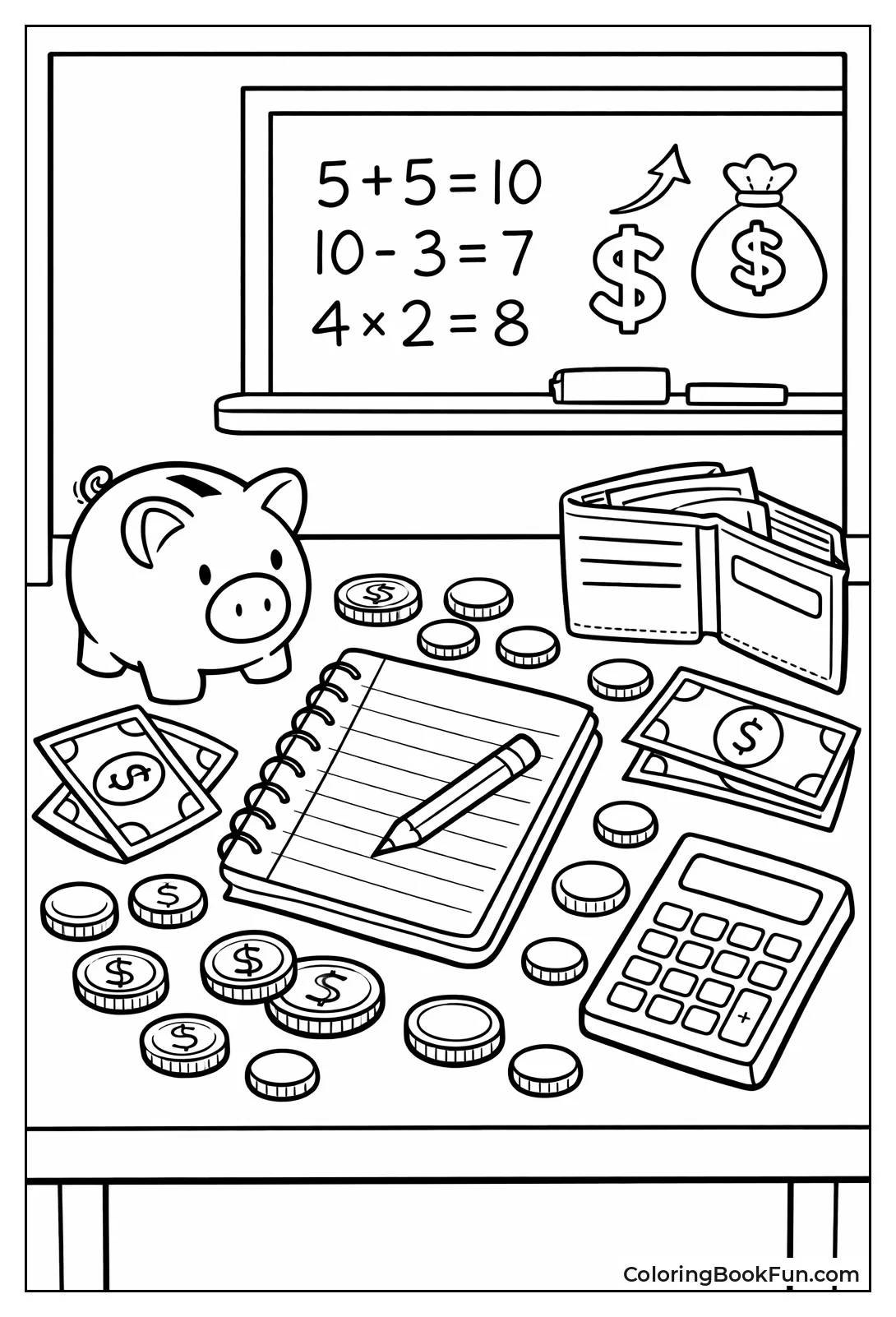 Desk Holds Coins and Math