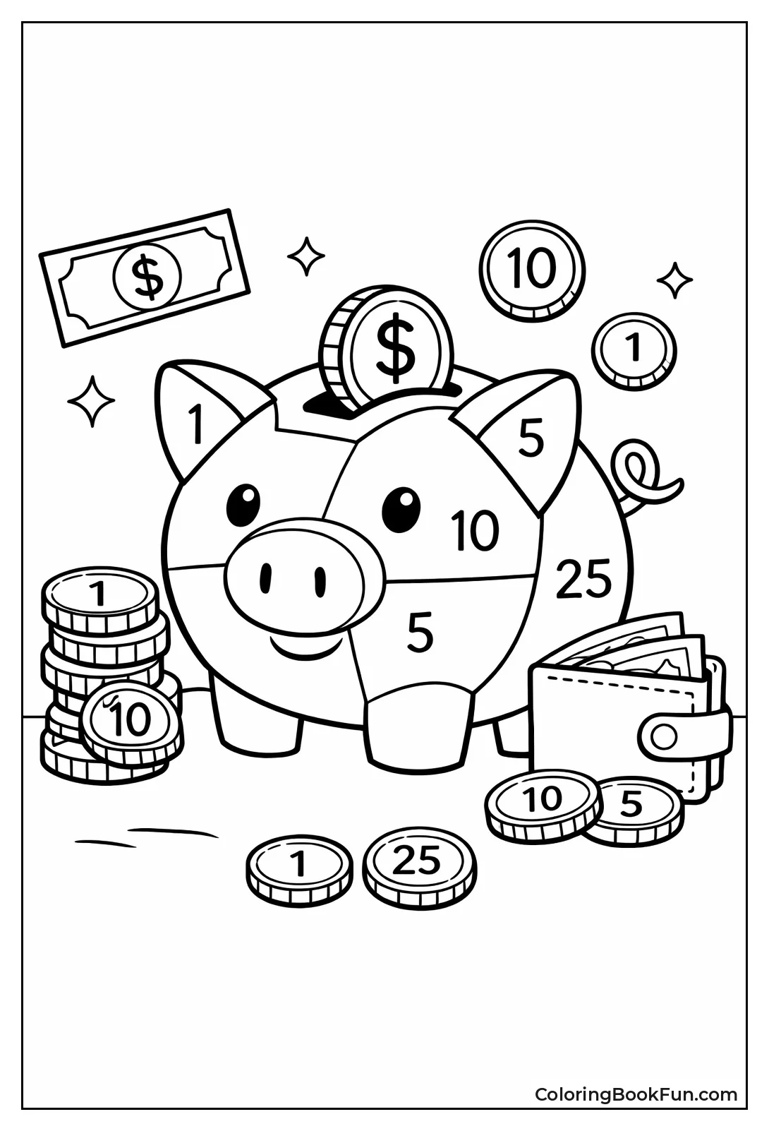 Numbered Piggy Bank to Color