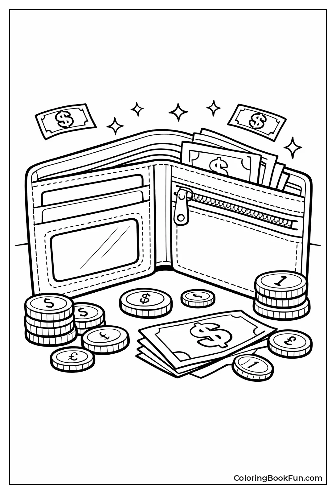 Open Wallet with Bills and Coins