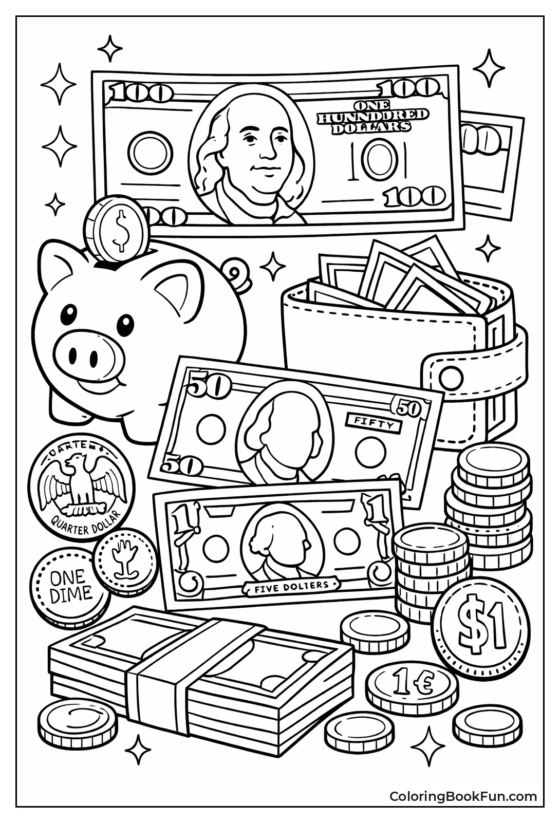 Realistic Dollar Bills to Color