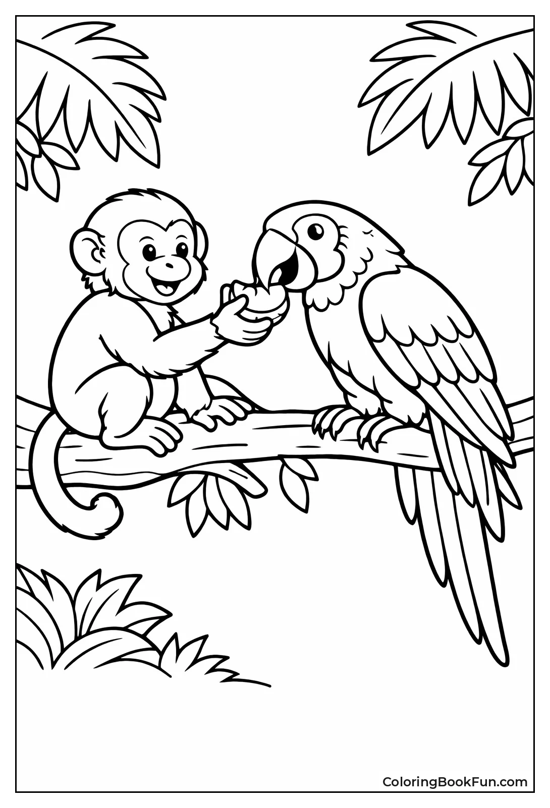 Monkey Shares Fruit Parrot