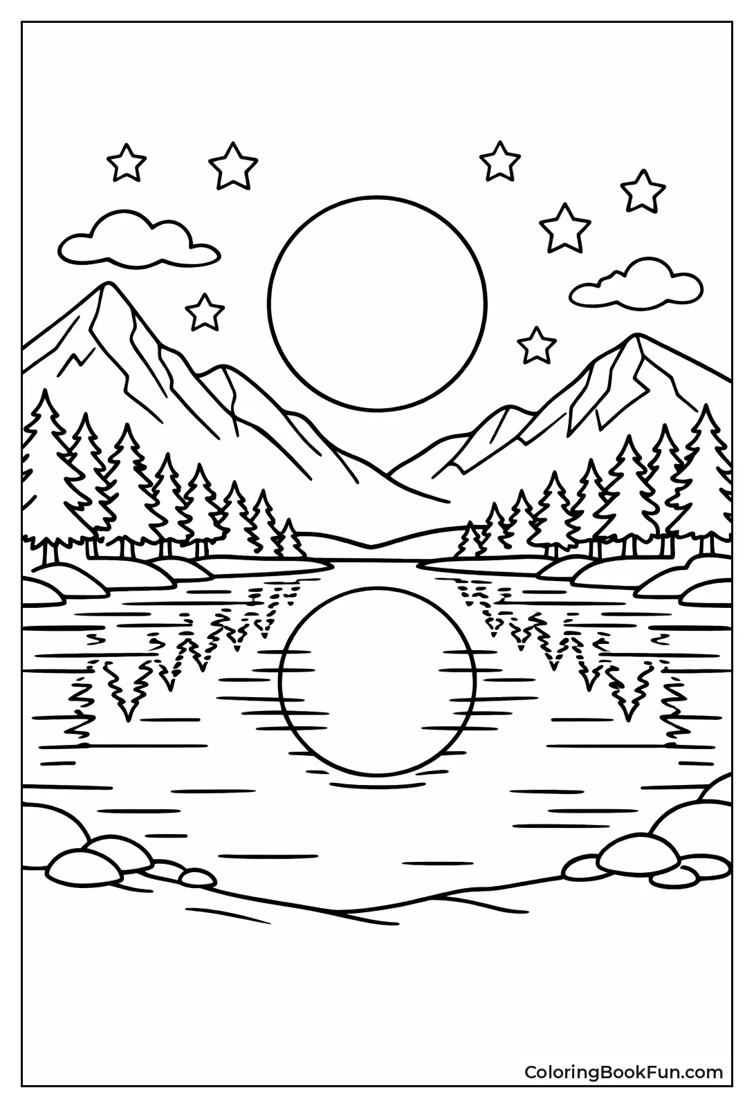 Moon Shines on Mountain Lake