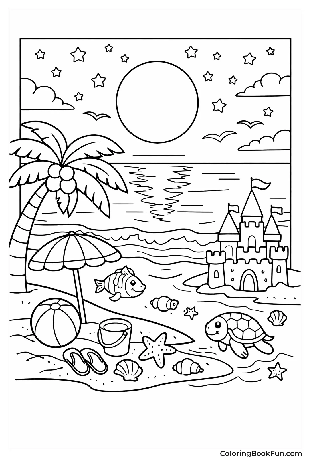 Moonlit Beach with Stars