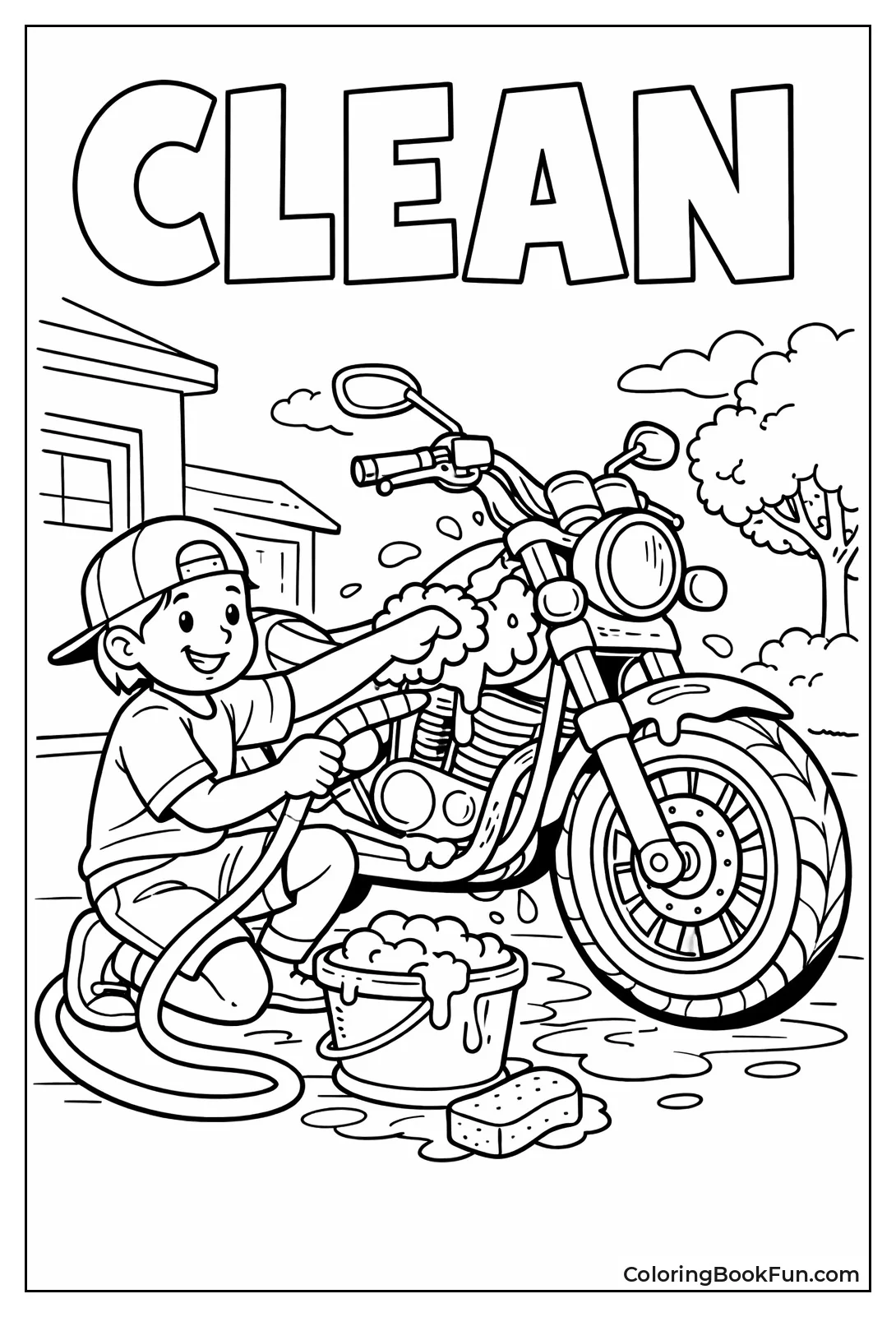 Washing Soapy Motorcycle Driveway