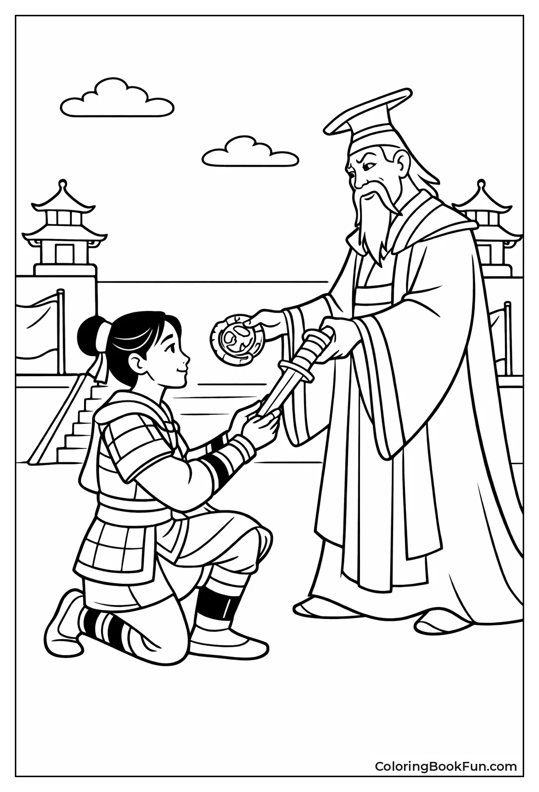 Mulan Kneels for Emperor's Sword
