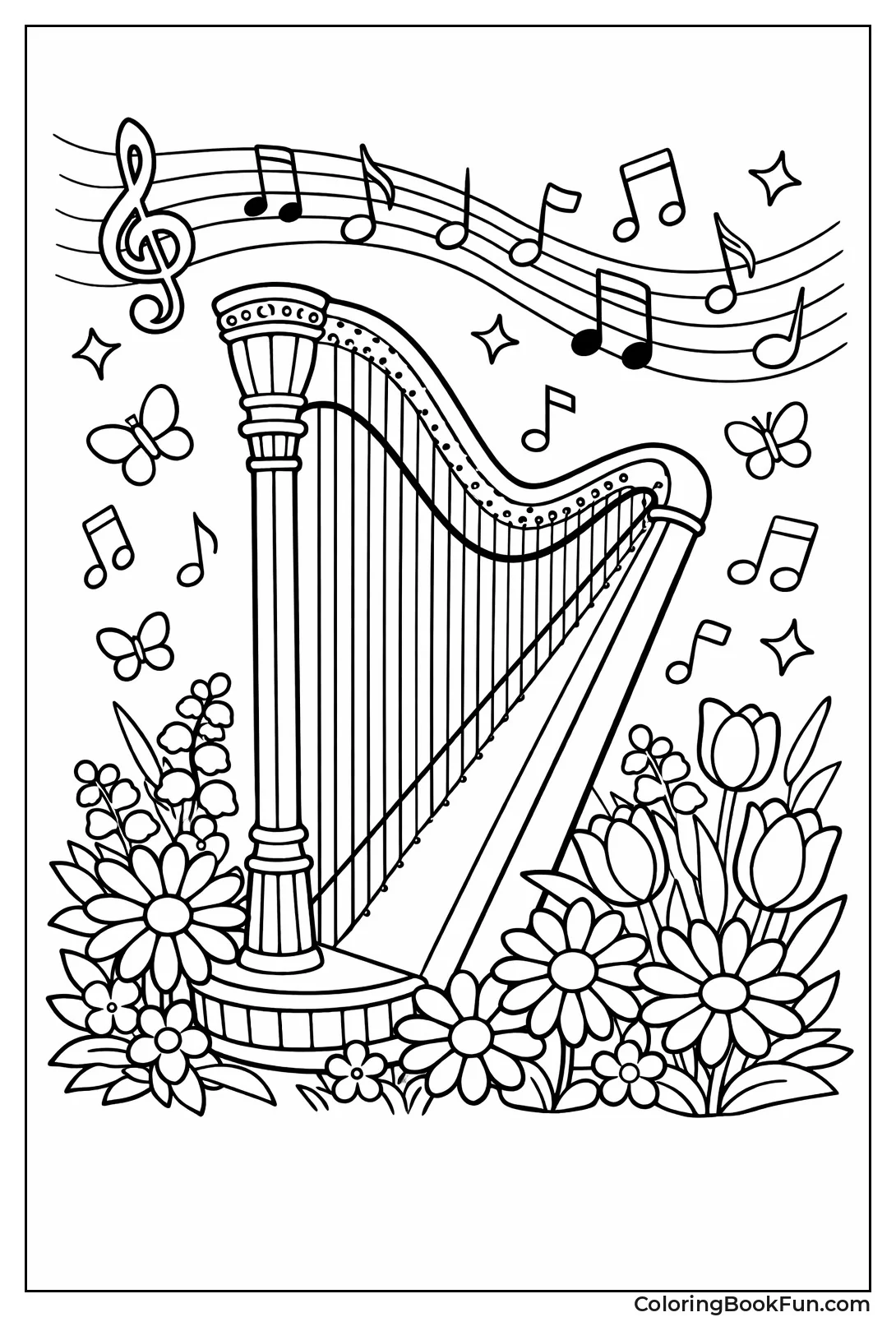 Harp Surrounded by Flowers
