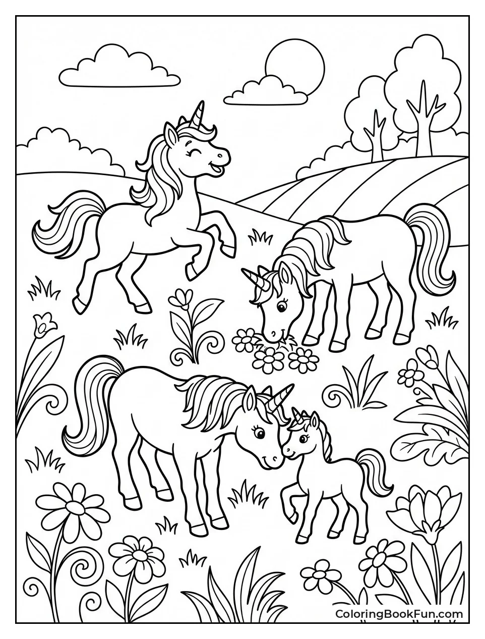 Unicorns Grazing in Meadow