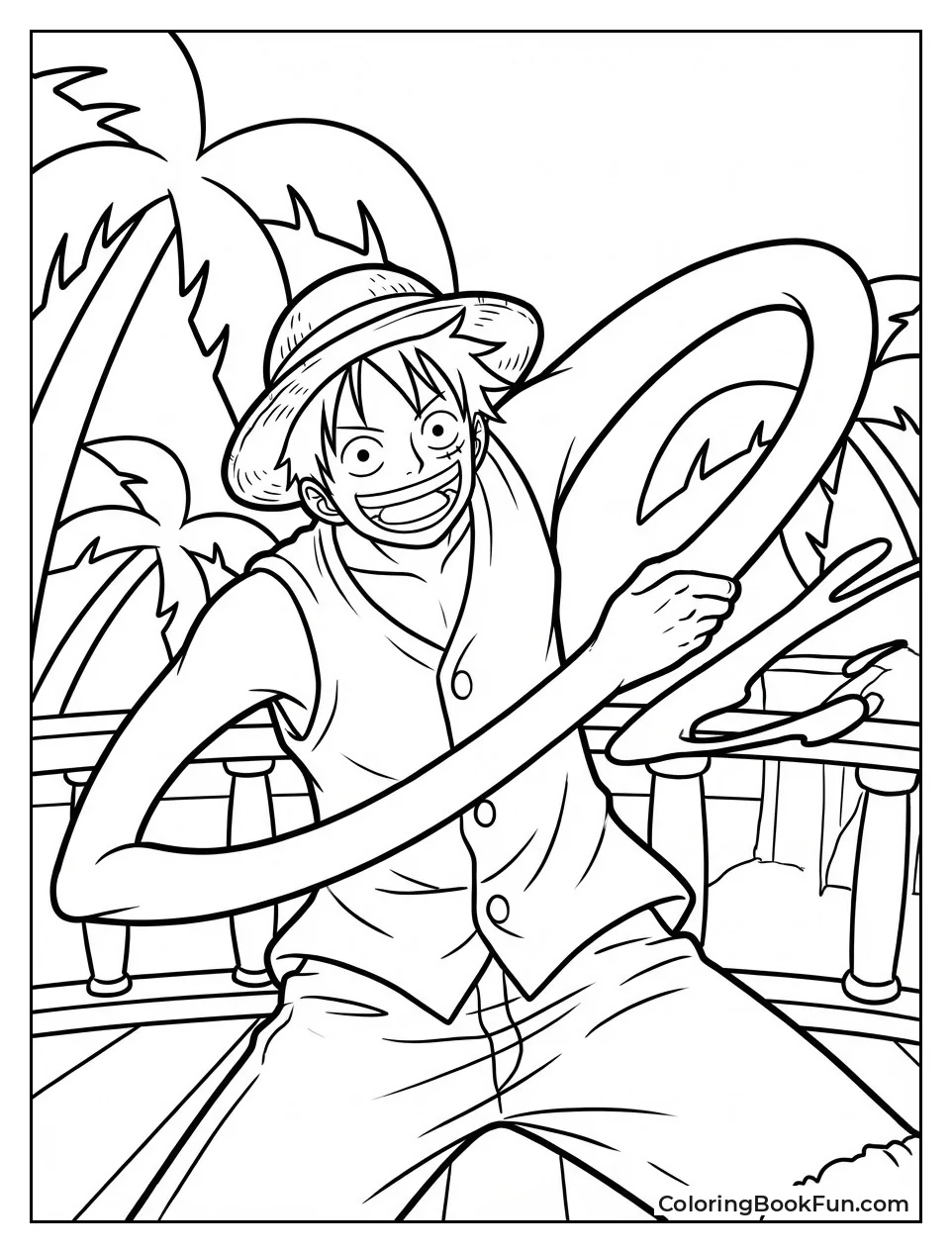 Luffy Stretches Arms in Straw Hat