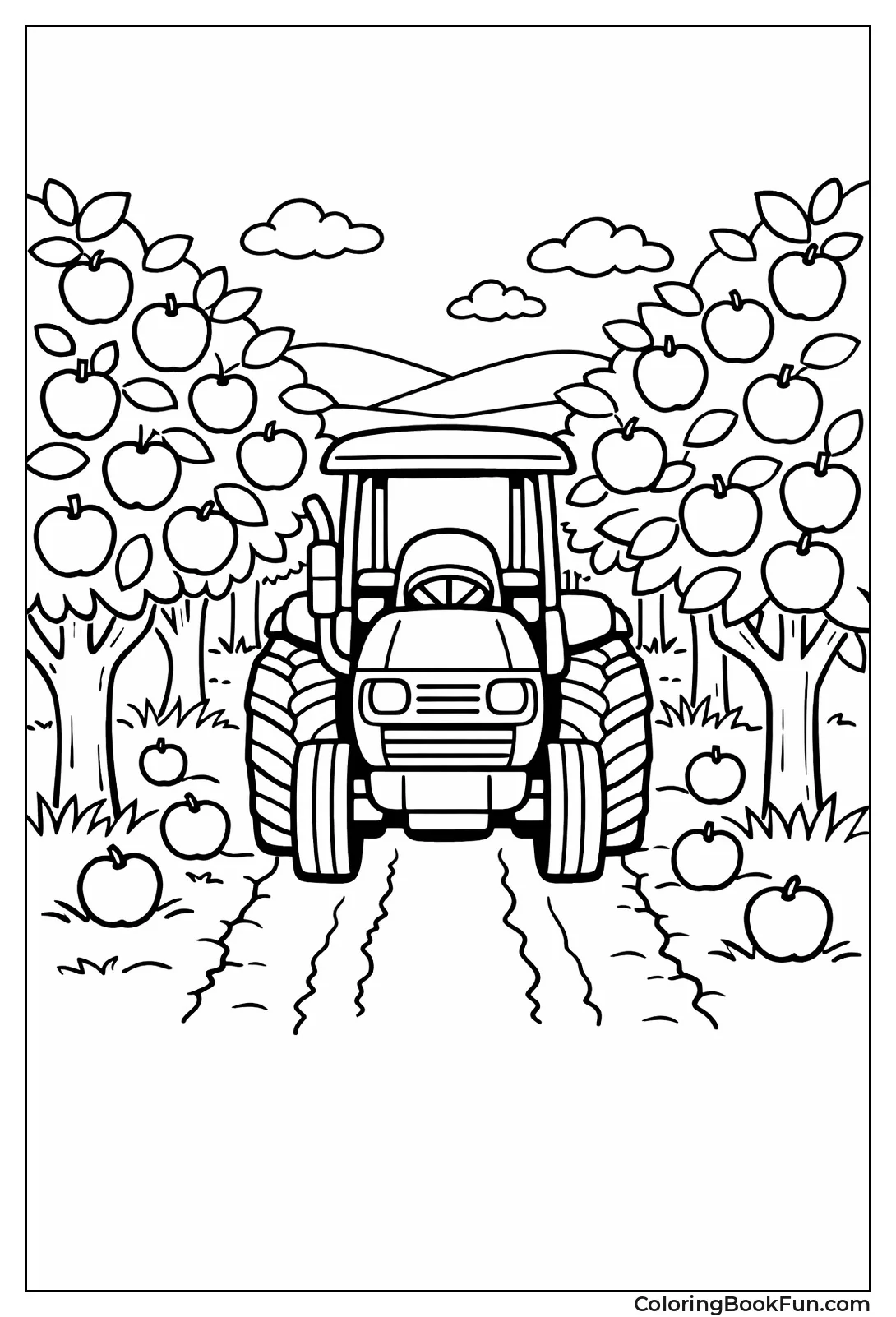 Tractor between Orchard Trees