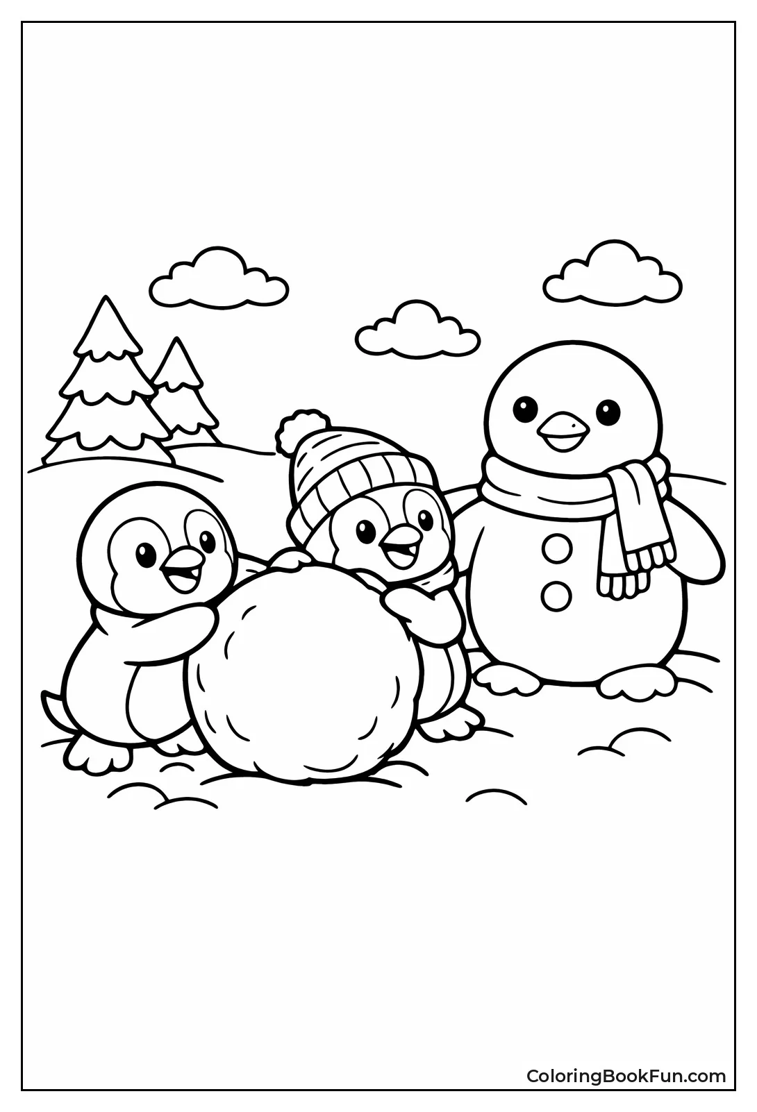 Penguins Building Snow Penguin