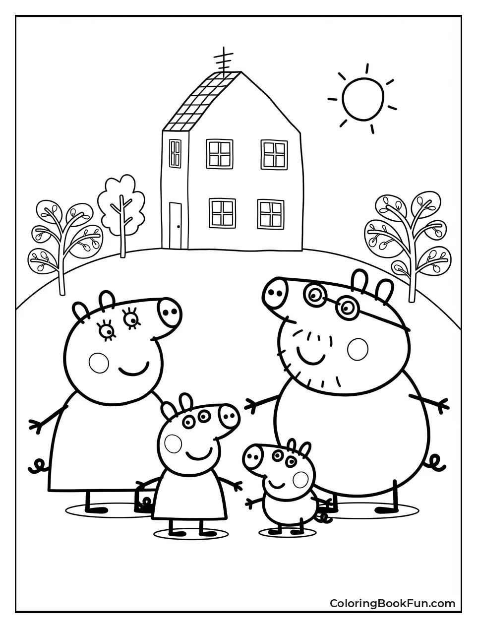 Pig Family Poses Outside House