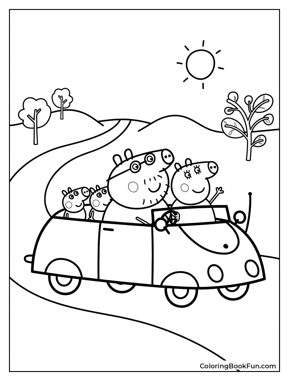 Pig Family Rides Red Car