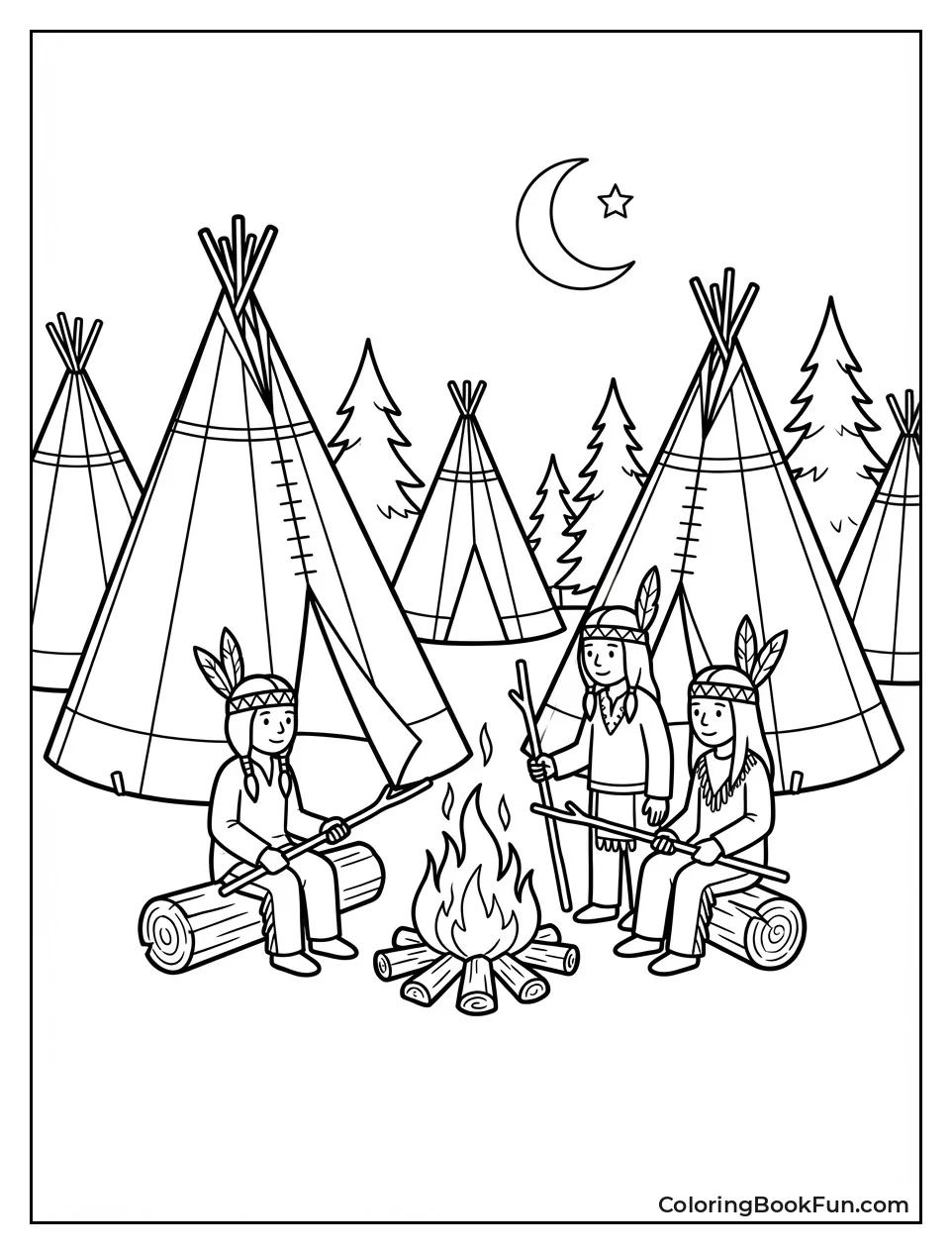 Indians Sit by Campfire