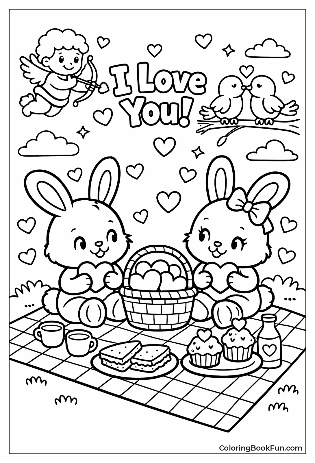 Bunnies Picnic with Hearts